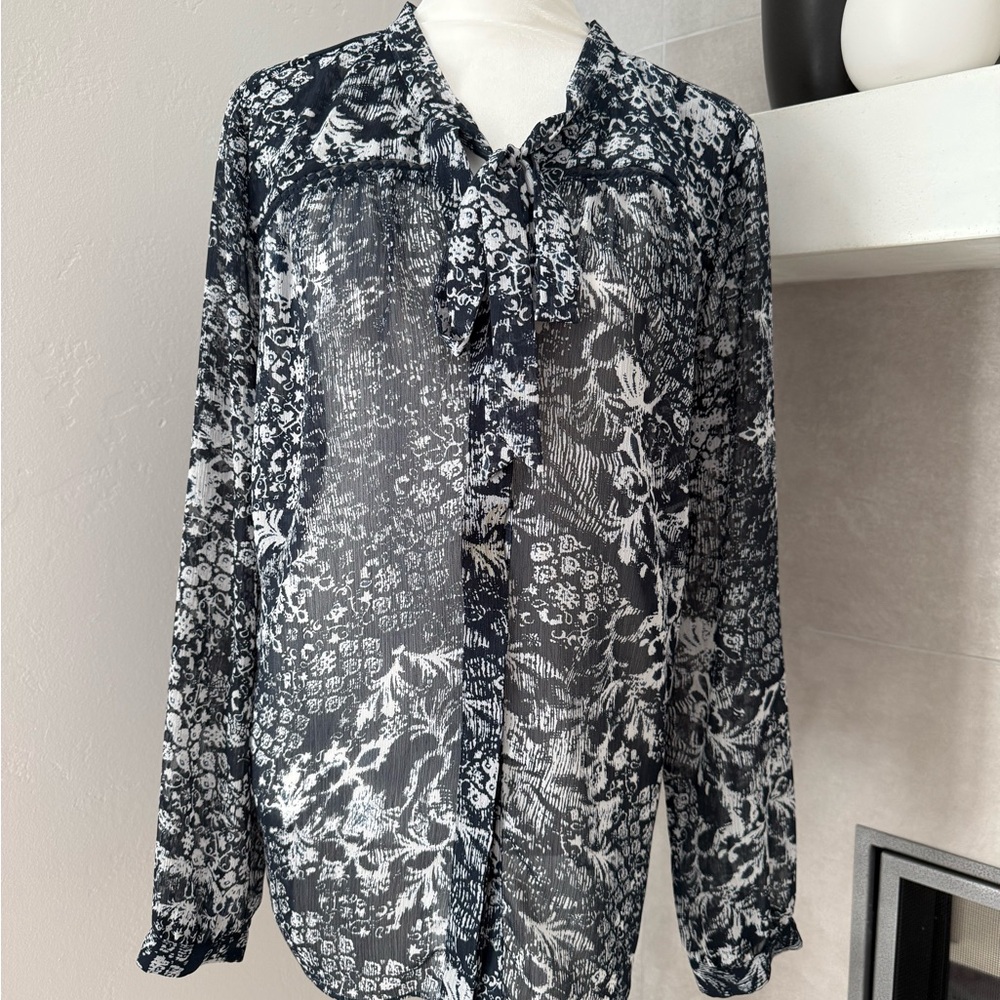 NYDJ Floral Sheer Button-Up Blouse with tie at neck.